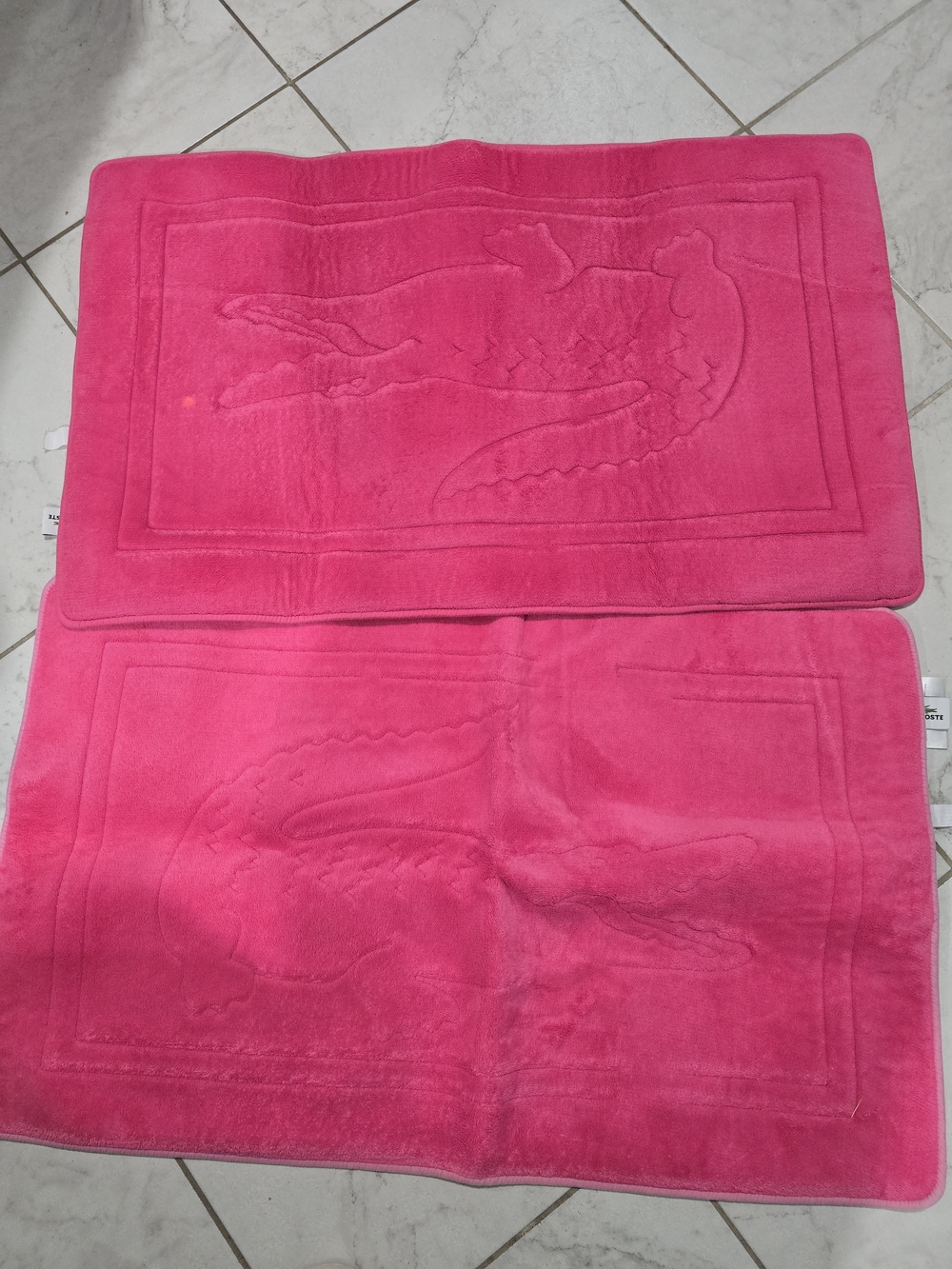 Lacoste Pink Plush Bath Mats Set with Embossed Crocodile